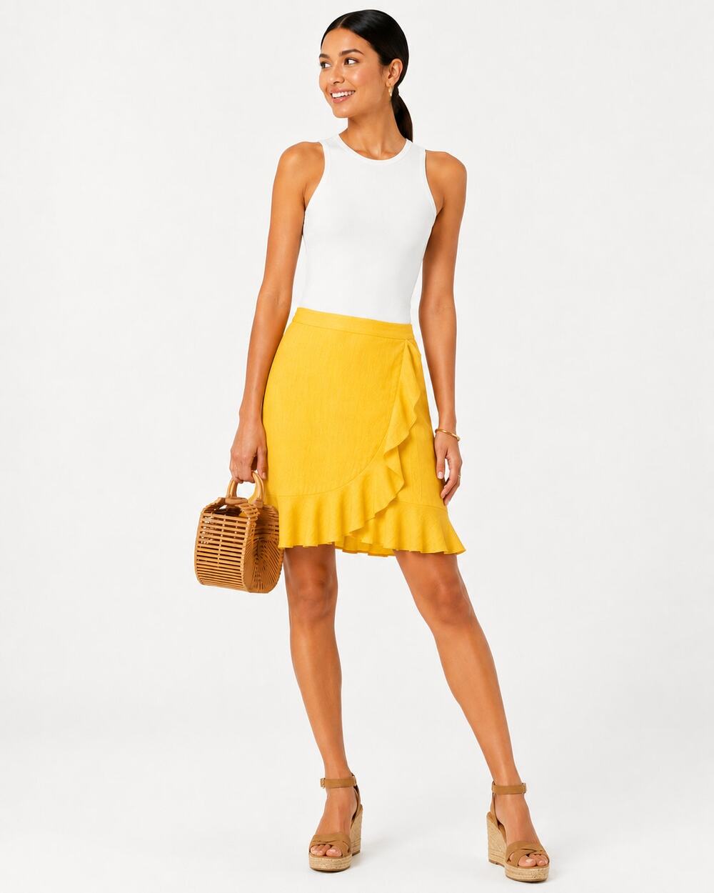 Anthropologie Yellow Linen Faux Wrap Ruffle Tie Waist Skirt Womens XS